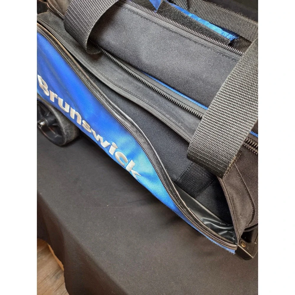 Brunswick Double Ball Bowling Bag Rolling 2 Ball Roller Blue Black Wheels